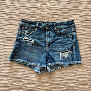American Eagle Outfitters Next Level Stretch  Blue Distressed Jean Shorts Size 4
